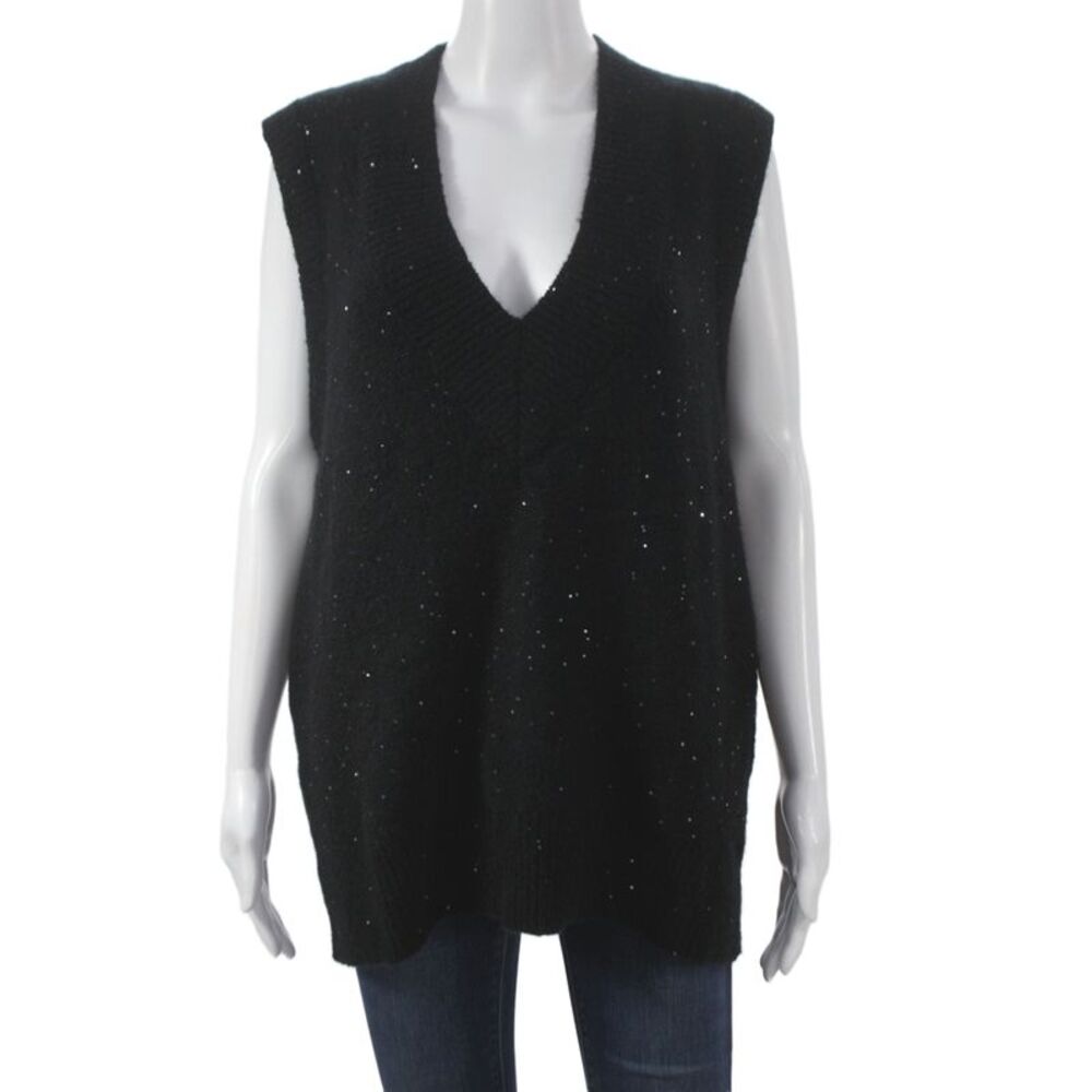 Autumn Cashmere Womens Sparkly V-Neck Sleeveless Black Cashmere Vest Size XS